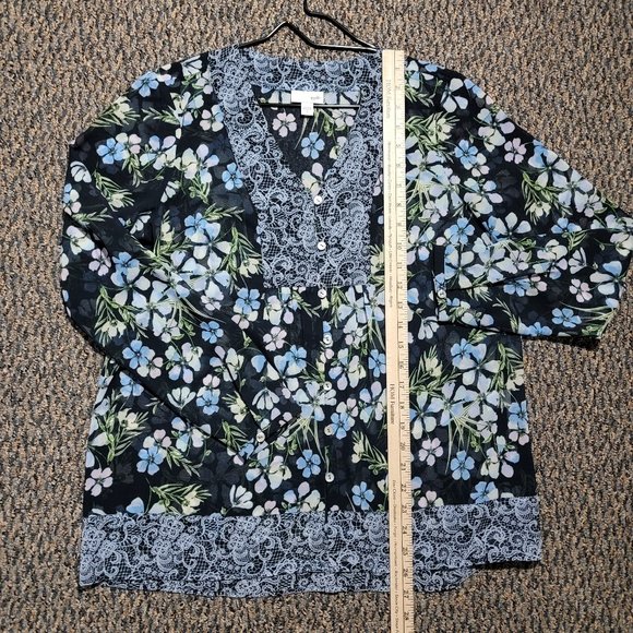 J. JILL Floral Lace Print Button Front Blouse Sheer Long Sleeve Navy Blue Small - Picture 11 of 16